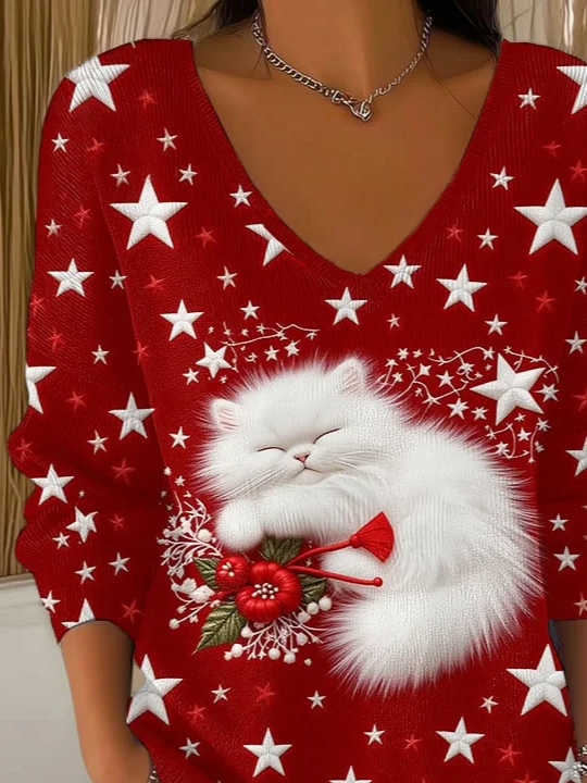 Women Star Long Sleeve Tee T-shirt V Neck Printing Casual Spring/Fall Top