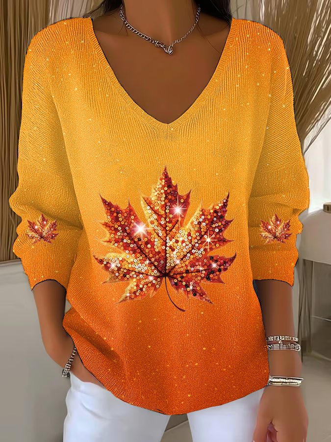 Women Maple Leaf Long Sleeve Tee T-shirt V Neck Printing Casual Spring/Fall Top