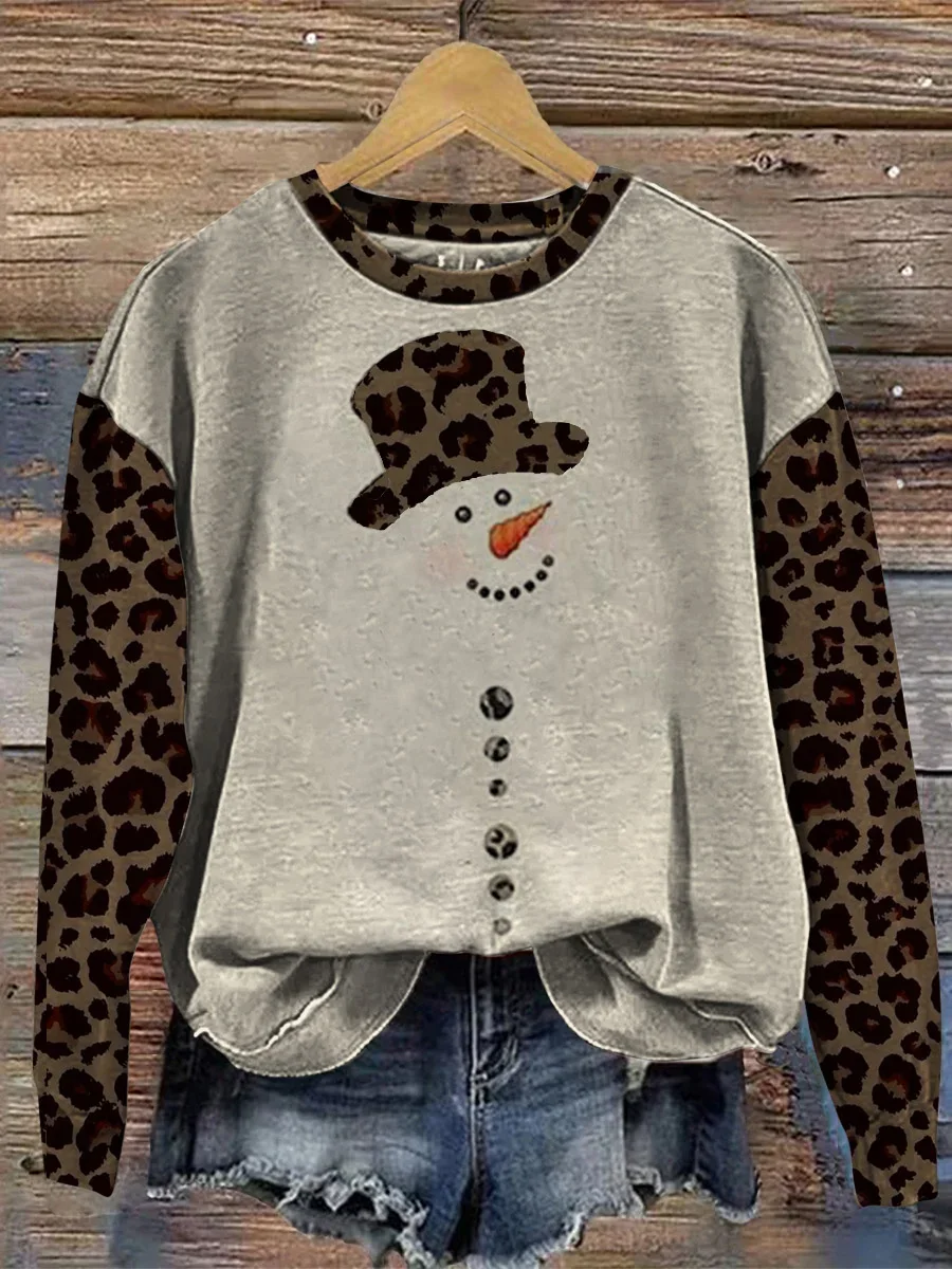 Women Leopard Crew Neck Printing Casual Spring/Fall Long Sleeve Sweatshirt