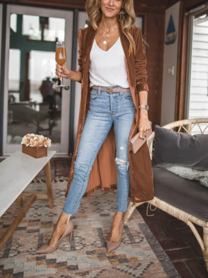 Women Plain Spring/Fall Cover-up Vintage Split Joint Lightweight Cardigan