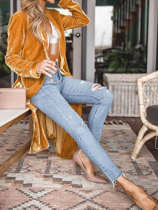 Women Plain Spring/Fall Cover-up Vintage Split Joint Lightweight Cardigan