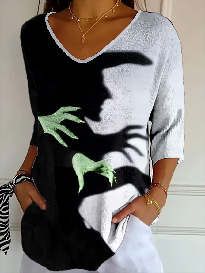 Women Halloween Three Quarter Sleeve Tee T-shirt V Neck Vintage Spring/Fall Top