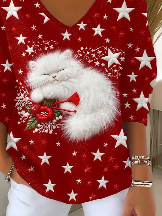 Women Star Long Sleeve Tee T-shirt V Neck Printing Casual Spring/Fall Top