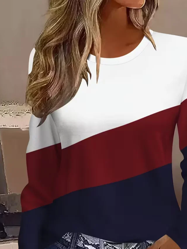 Women Multicolor Block Long Sleeve Tee T-shirt Crew Neck Printing Casual Spring/Fall Graphic Tee Top