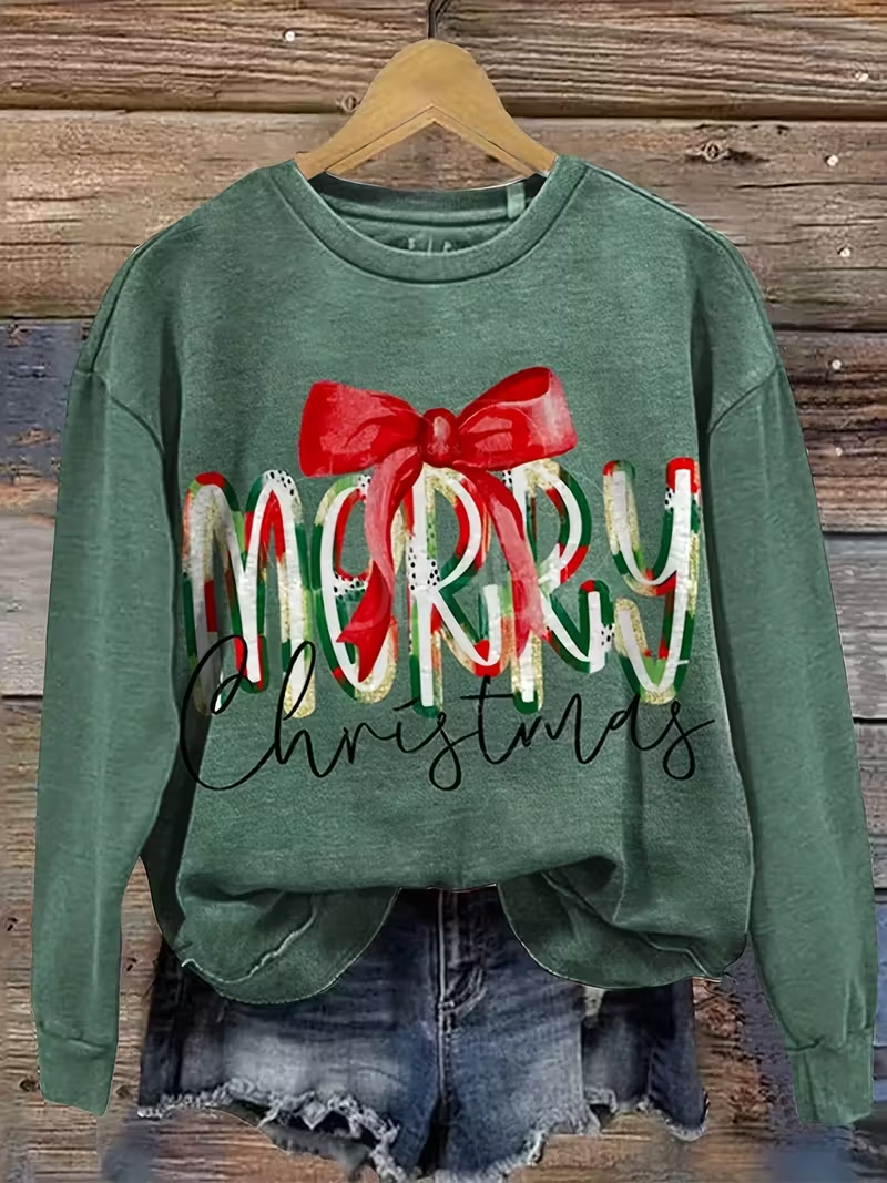 Women Christmas Crew Neck Printing Casual Spring/Fall Long Sleeve Sweatshirt