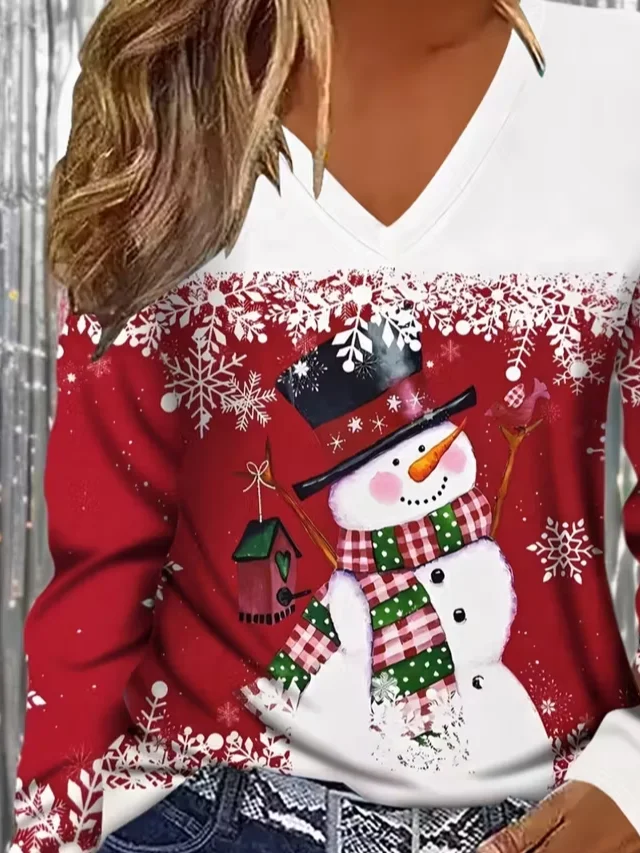 Women Christmas Snowman Long Sleeve Tee T-shirt V Neck Printing Casual Spring/Fall Graphic Tee Top