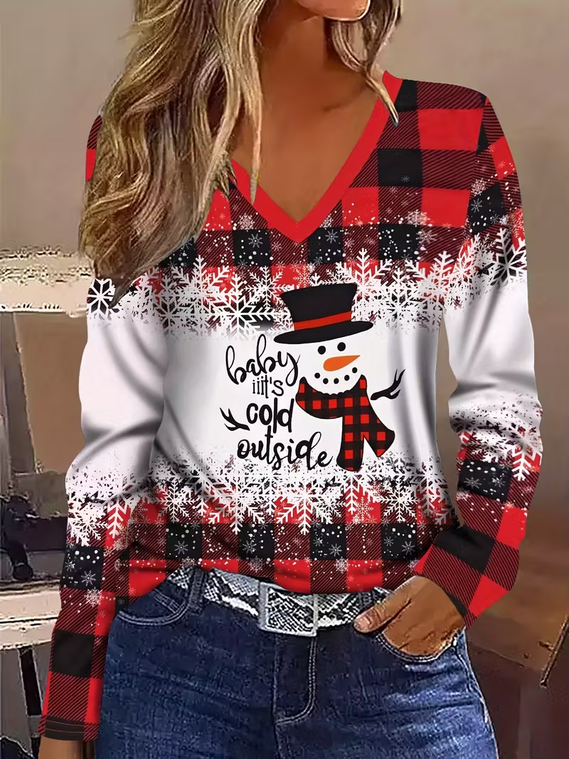 Women Christmas Snowman Long Sleeve Tee T-shirt V Neck Printing Casual Spring/Fall Graphic Tee Top
