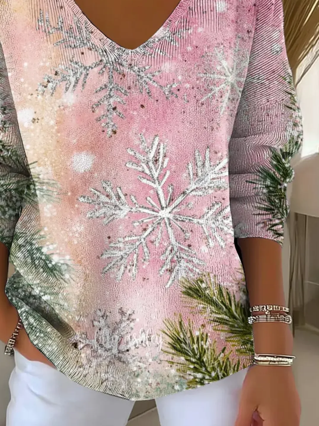 Women Christmas Long Sleeve Tee T-shirt V Neck Printing Casual Spring/Fall Top