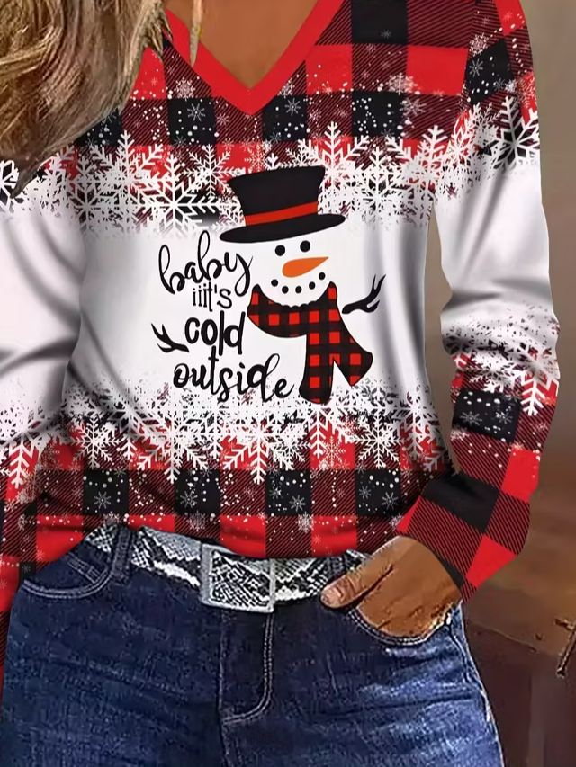 Women Christmas Snowman Long Sleeve Tee T-shirt V Neck Printing Casual Spring/Fall Graphic Tee Top
