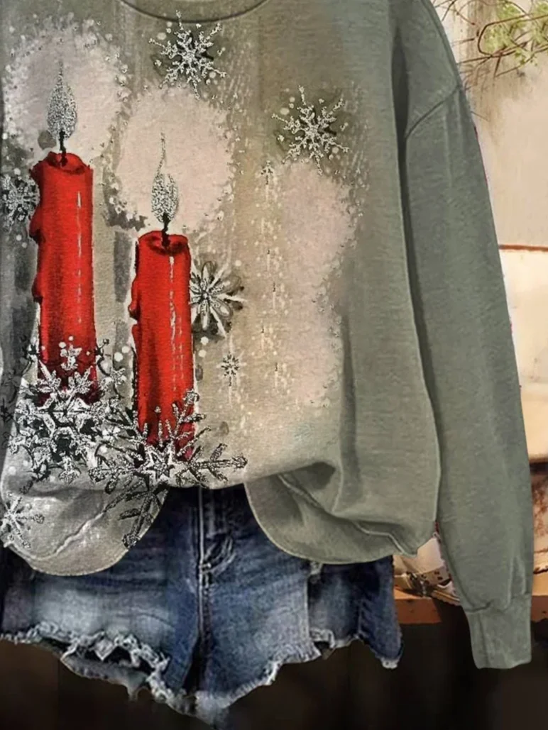Women Christmas Crew Neck Printing Casual Spring/Fall Long Sleeve Sweatshirt