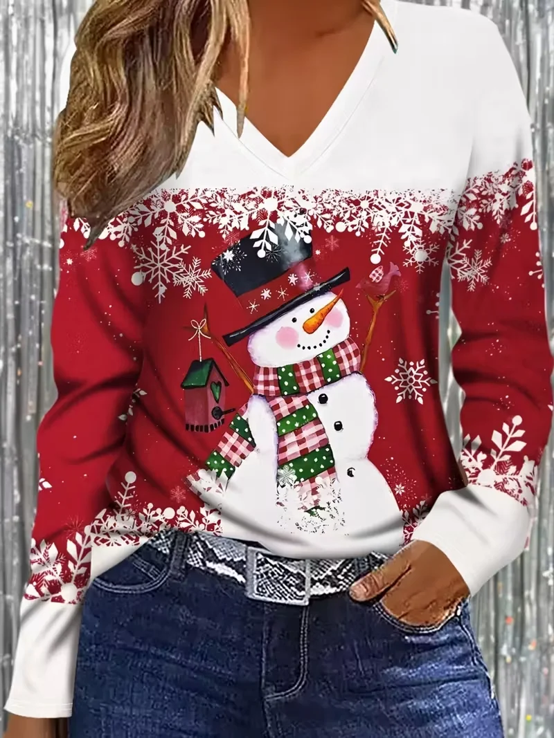 Women Christmas Snowman Long Sleeve Tee T-shirt V Neck Printing Casual Spring/Fall Graphic Tee Top