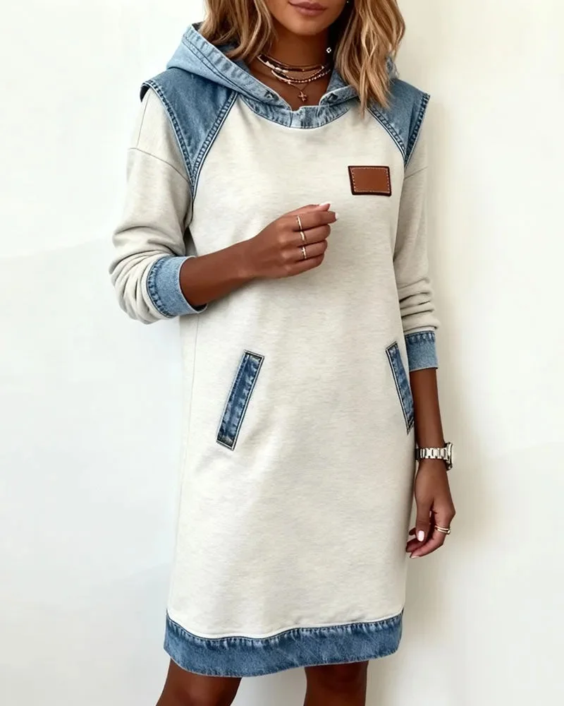 Women Multicolor Block Long Sleeve All Season Dress Hoodie Daily Casual Midi H-Line Dress