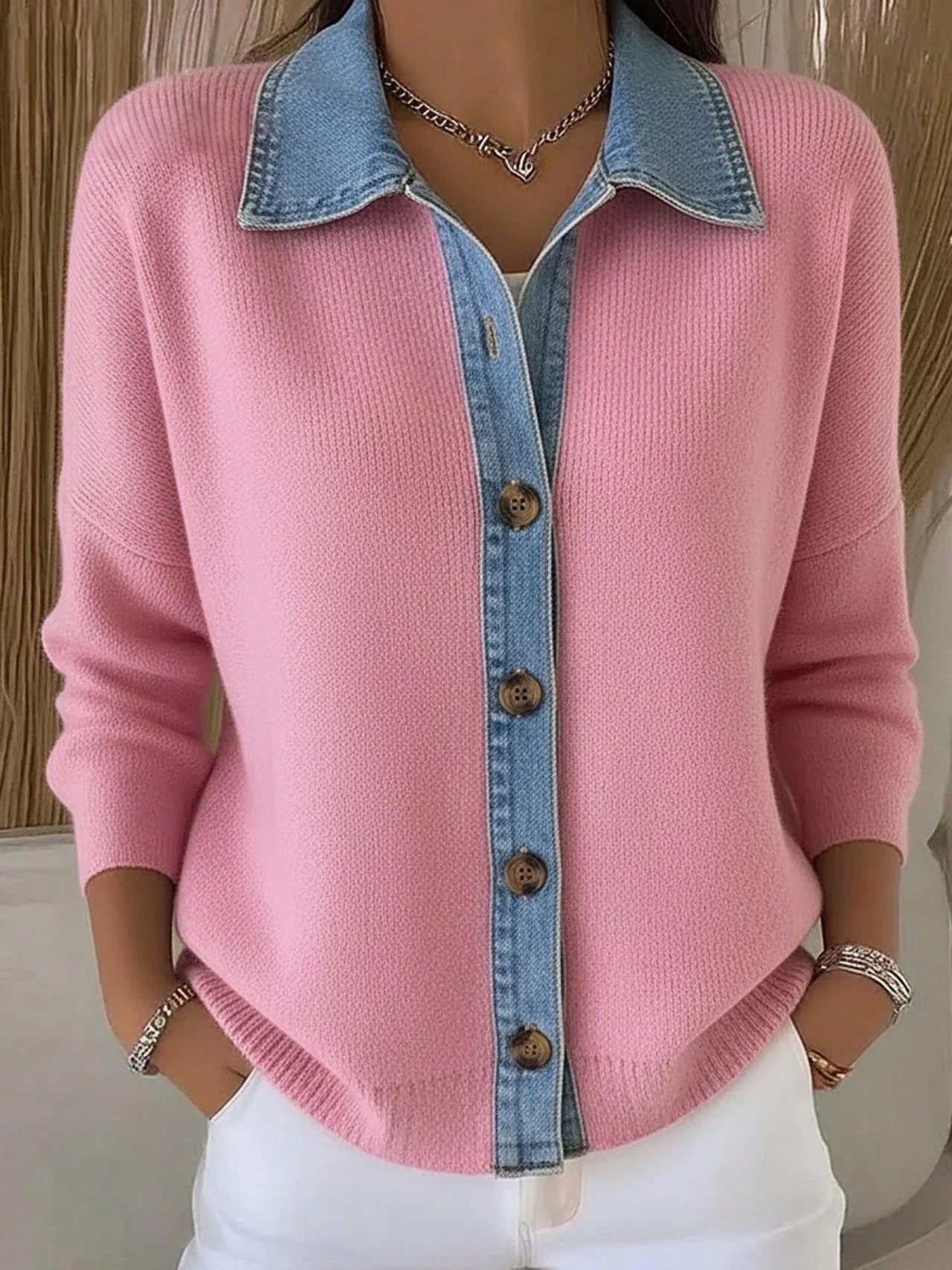 Women Multicolor Block Long Sleeve Shawl Collar Casual Spring/Fall Cardigan Outerwear
