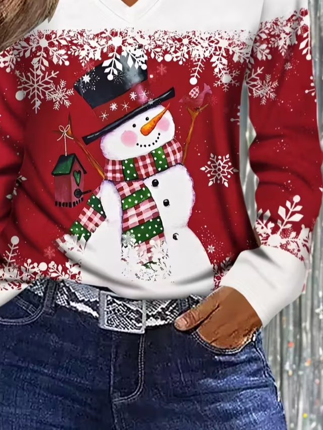 Women Christmas Snowman Long Sleeve Tee T-shirt V Neck Printing Casual Spring/Fall Graphic Tee Top