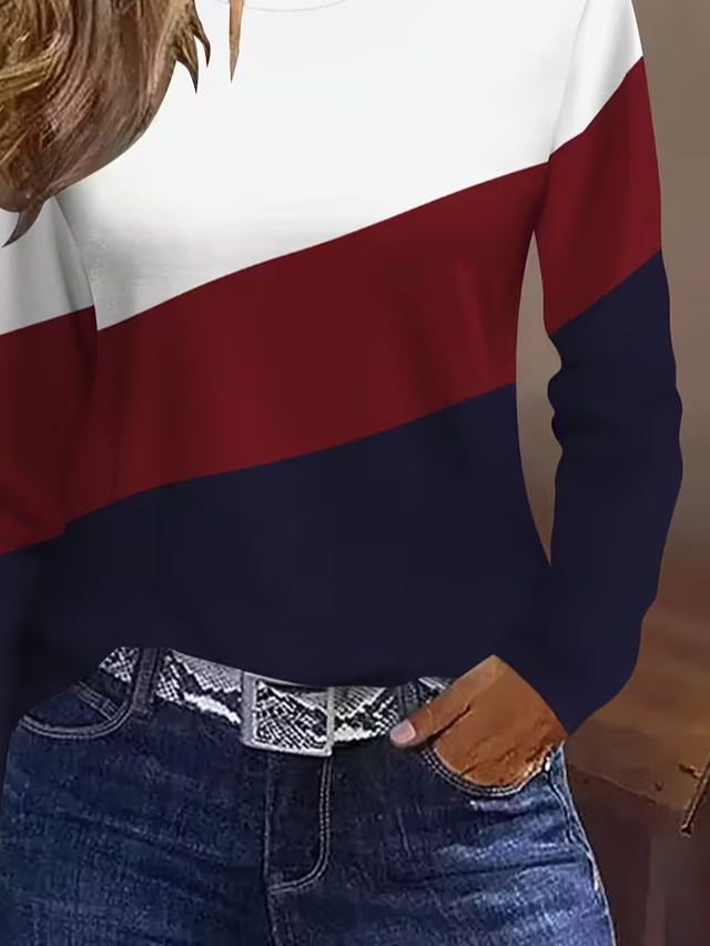 Women Multicolor Block Long Sleeve Tee T-shirt Crew Neck Printing Casual Spring/Fall Graphic Tee Top