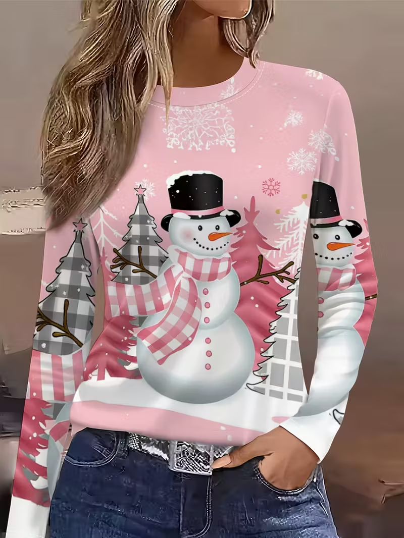 Women Christmas Snowman Long Sleeve Tee T-shirt Crew Neck Printing Casual Spring/Fall Graphic Tee Top