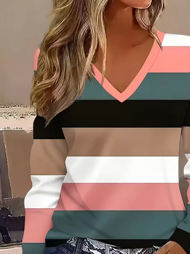Women Striped Long Sleeve Tee T-shirt V Neck Printing Casual Spring/Fall Graphic Tee Top
