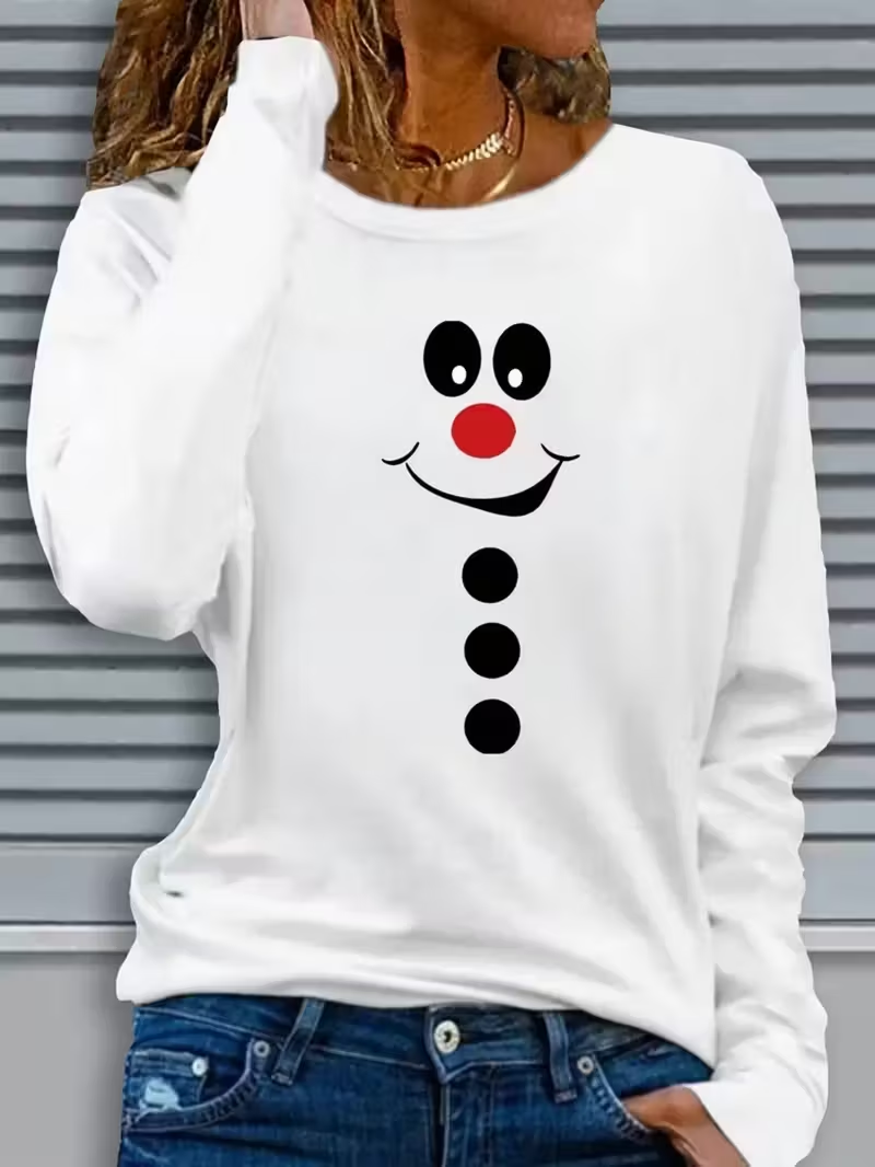 Women Christmas Snowman Long Sleeve Tee T-shirt Crew Neck Printing Casual Spring/Fall Graphic Tee Top