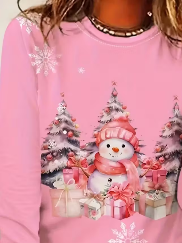 Women Christmas Snowman Long Sleeve Tee T-shirt Crew Neck Printing Casual Spring/Fall Graphic Tee Top