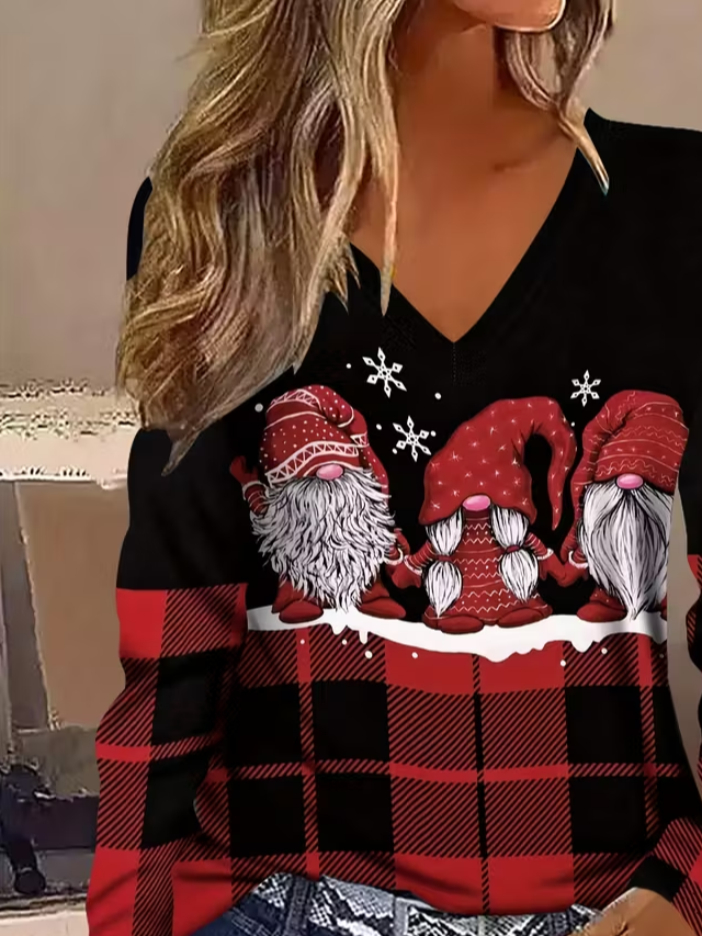 Women Plaid Long Sleeve Tee T-shirt V Neck Printing Casual Spring/Fall Graphic Tee Top