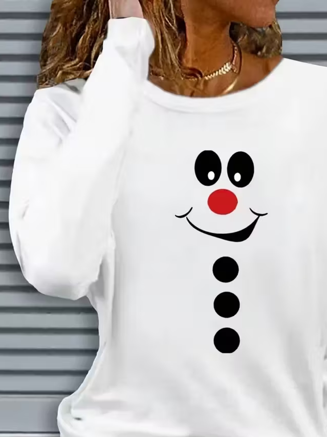 Women Christmas Snowman Long Sleeve Tee T-shirt Crew Neck Printing Casual Spring/Fall Graphic Tee Top