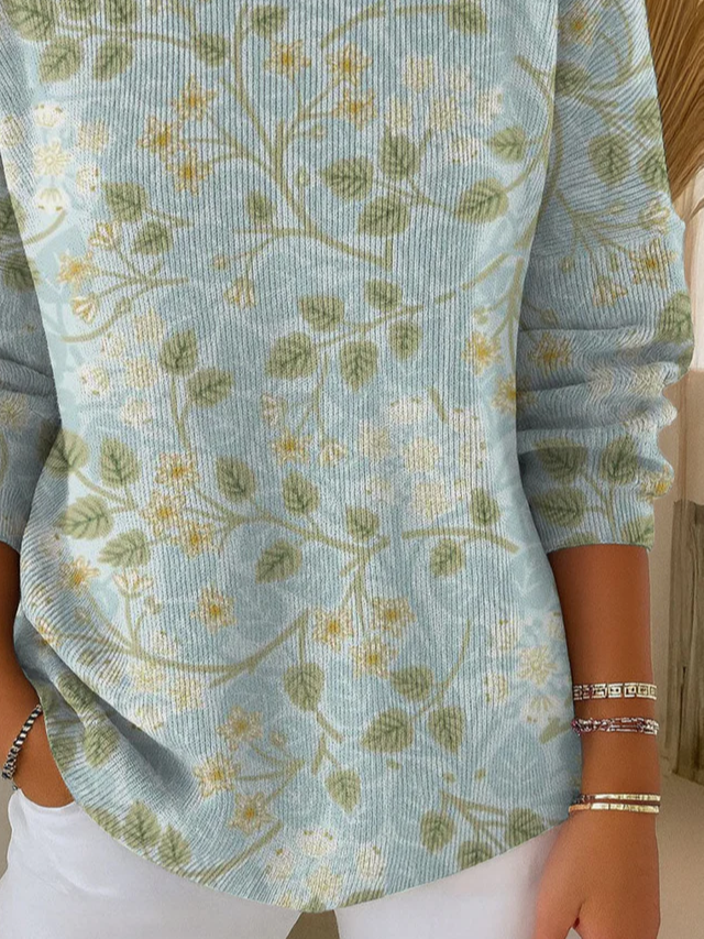Women Floral Printing Spring/Fall Casual Long Sleeve Crew Neck Sweater