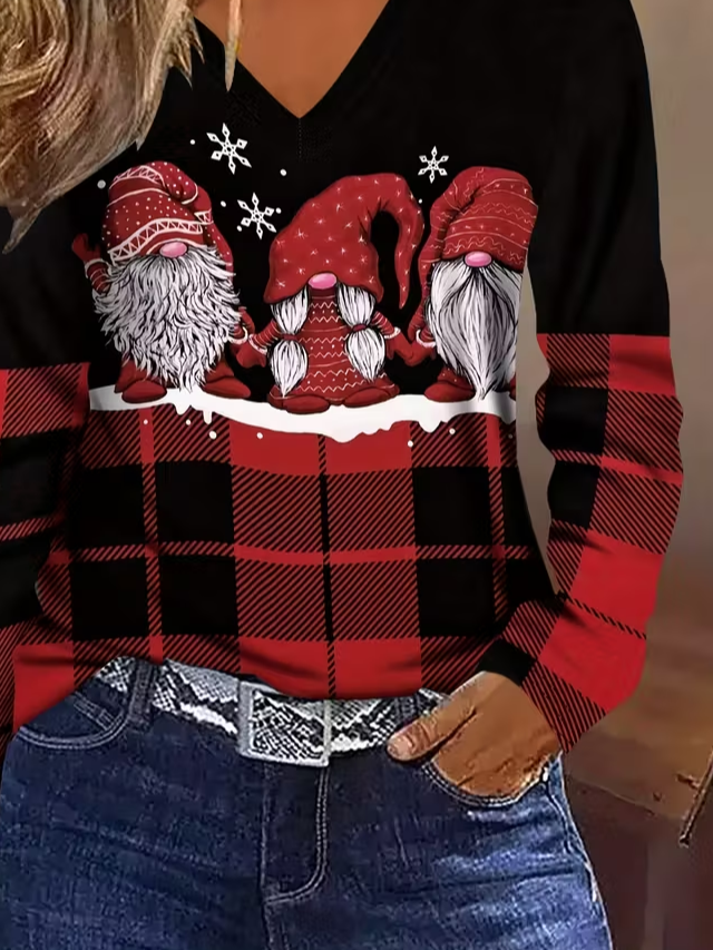 Women Plaid Long Sleeve Tee T-shirt V Neck Printing Casual Spring/Fall Graphic Tee Top