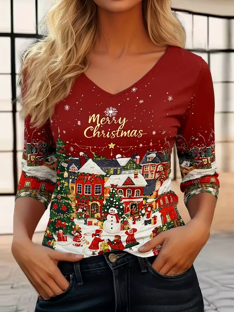 Women Christmas Snowman Long Sleeve Tee T-shirt V Neck Printing Casual Spring/Fall Graphic Tee Top