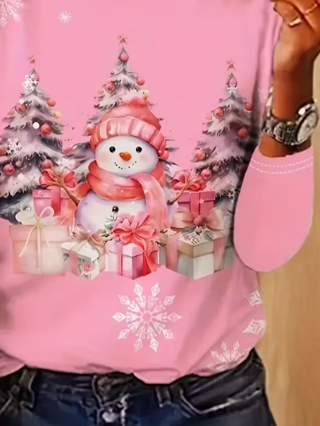 Women Christmas Snowman Long Sleeve Tee T-shirt Crew Neck Printing Casual Spring/Fall Graphic Tee Top