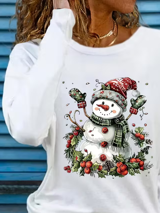 Women Christmas Snowman Long Sleeve Tee T-shirt Crew Neck Printing Casual Spring/Fall Graphic Tee Top