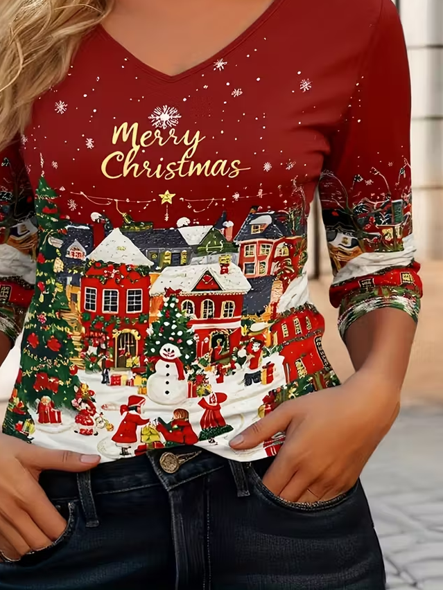 Women Christmas Snowman Long Sleeve Tee T-shirt V Neck Printing Casual Spring/Fall Graphic Tee Top