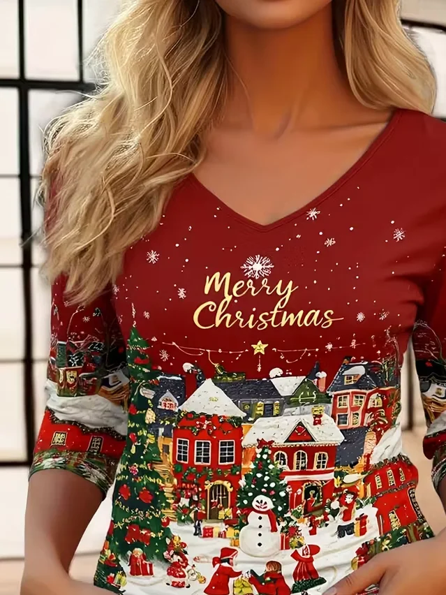 Women Christmas Snowman Long Sleeve Tee T-shirt V Neck Printing Casual Spring/Fall Graphic Tee Top