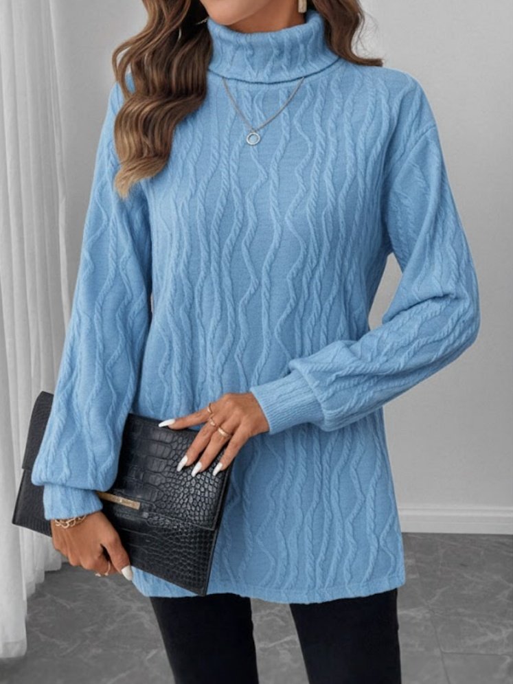 Women Plain Long Sleeve Tee T-shirt Turtleneck Embossed Casual Spring/Fall Top