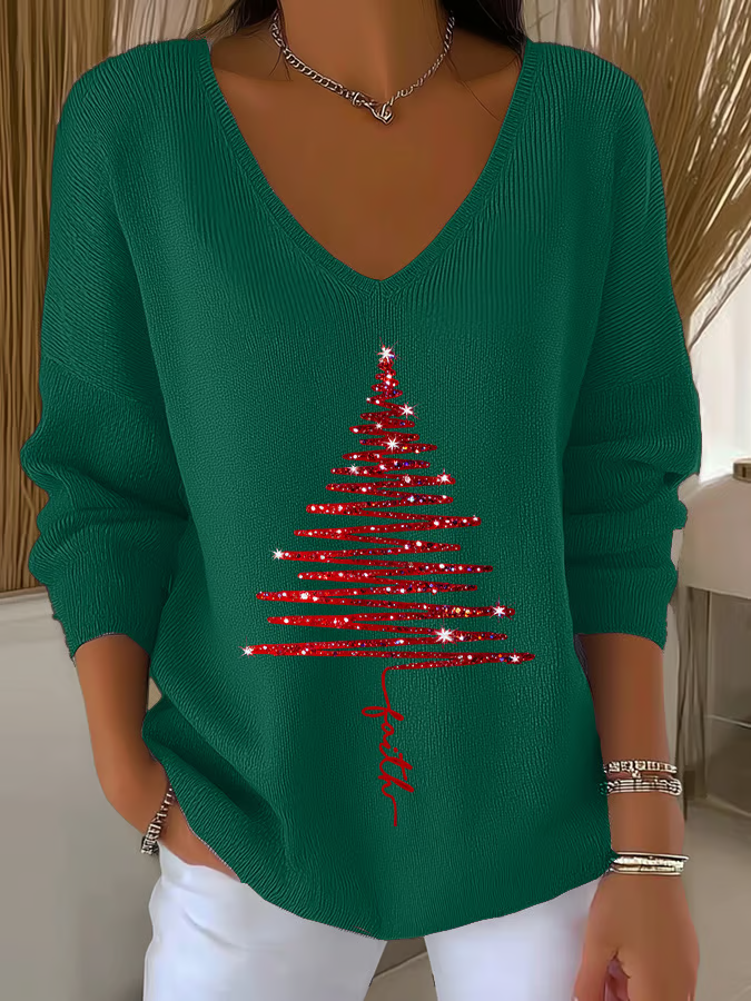 Women Christmas Long Sleeve Tee T-shirt V Neck Printing Casual Spring/Fall Top