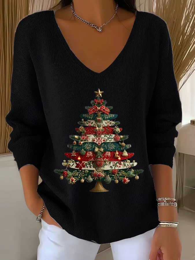 Women Christmas Long Sleeve Tee T-shirt V Neck Printing Casual Spring/Fall Top
