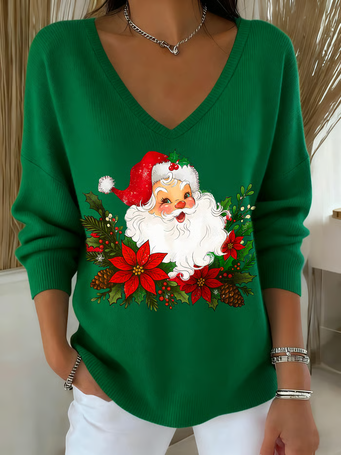 Women Santa Claus Long Sleeve Tee T-shirt V Neck Printing Casual Spring/Fall Top