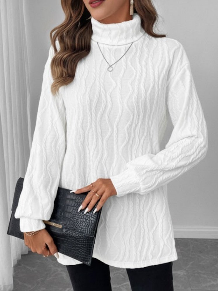 Women Plain Long Sleeve Tee T-shirt Turtleneck Embossed Casual Spring/Fall Top