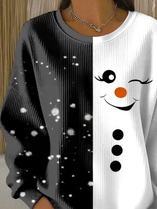 Women Christmas Snowman Crew Neck Printing Casual Spring/Fall Long Sleeve Sweatshirt