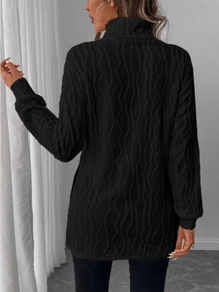 Women Plain Long Sleeve Tee T-shirt Turtleneck Embossed Casual Spring/Fall Top