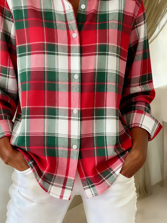 Women Plaid Long Sleeve Shirt Spring/Fall Buckle Shirt Collar Regular Sleeve Daily Casual Top
