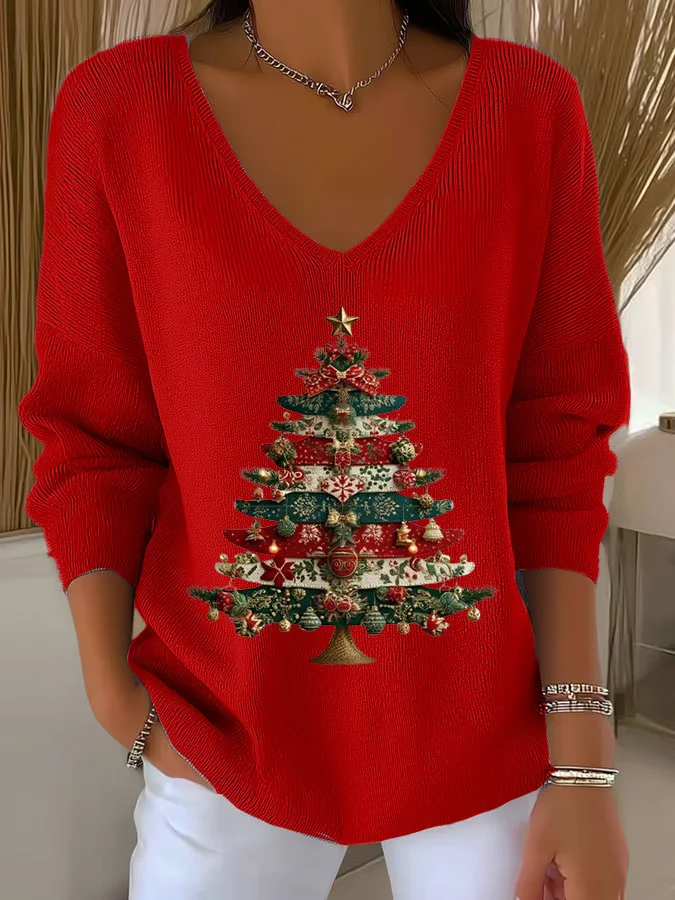 Women Christmas Long Sleeve Tee T-shirt V Neck Printing Casual Spring/Fall Top