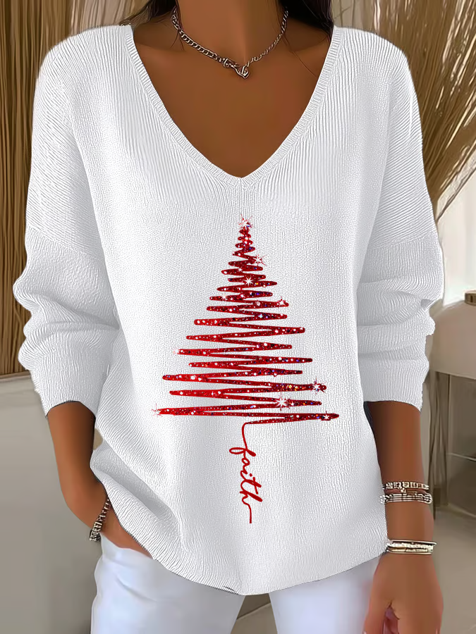 Women Christmas Long Sleeve Tee T-shirt V Neck Printing Casual Spring/Fall Top