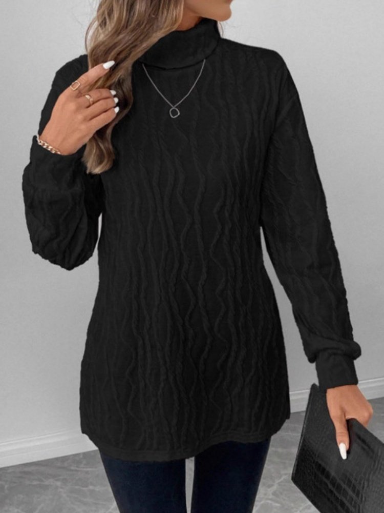 Women Plain Long Sleeve Tee T-shirt Turtleneck Embossed Casual Spring/Fall Top