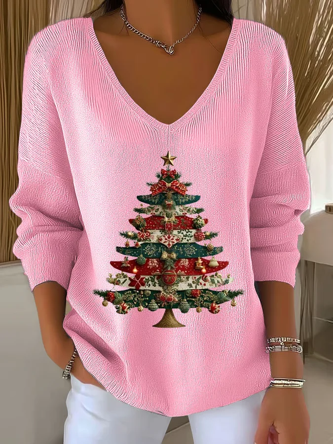 Women Christmas Long Sleeve Tee T-shirt V Neck Printing Casual Spring/Fall Top