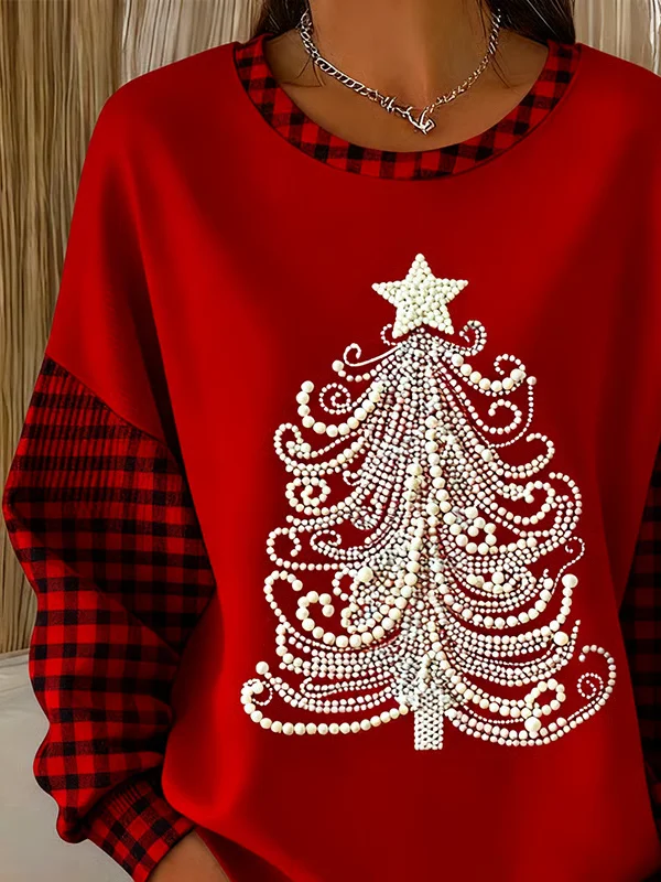 Women Plaid Crew Neck Printing Casual Spring/Fall Long Sleeve Sweatshirt