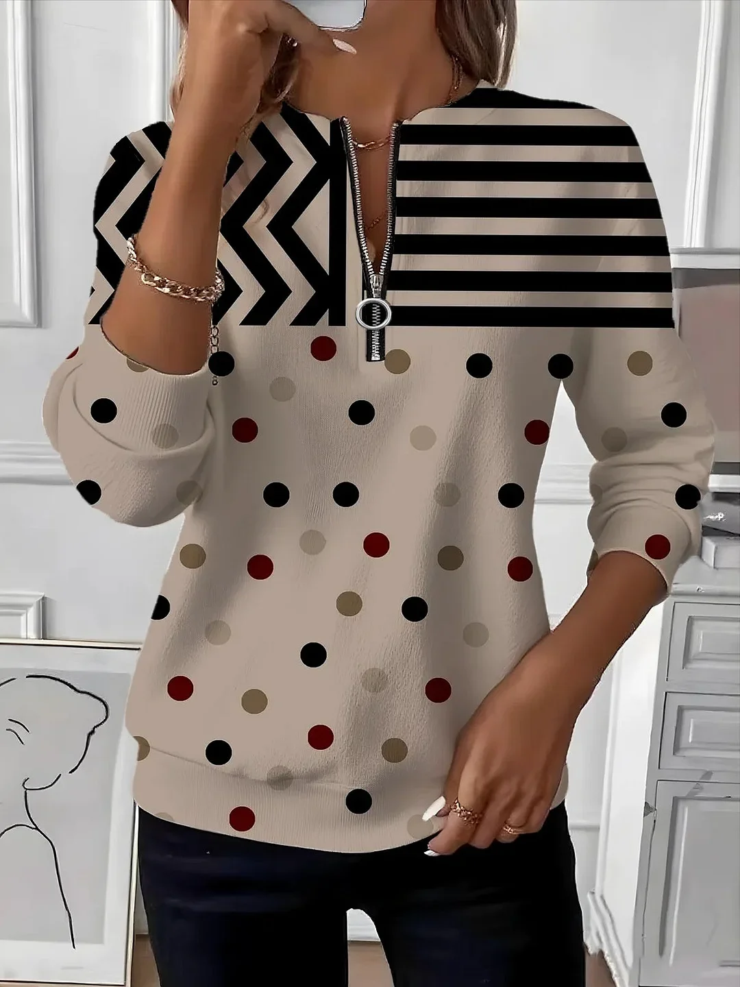 Women Abstract Crew Neck Printing Casual Spring/Fall Long Sleeve Sweatshirt