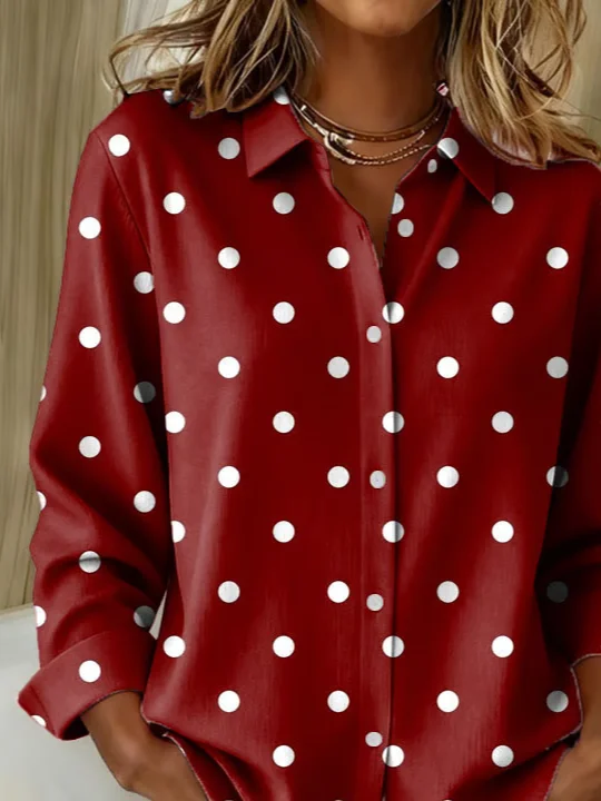 Women Polka Dots Long Sleeve Shirt Spring/Fall Buckle Shirt Collar Regular Sleeve Daily Casual Top