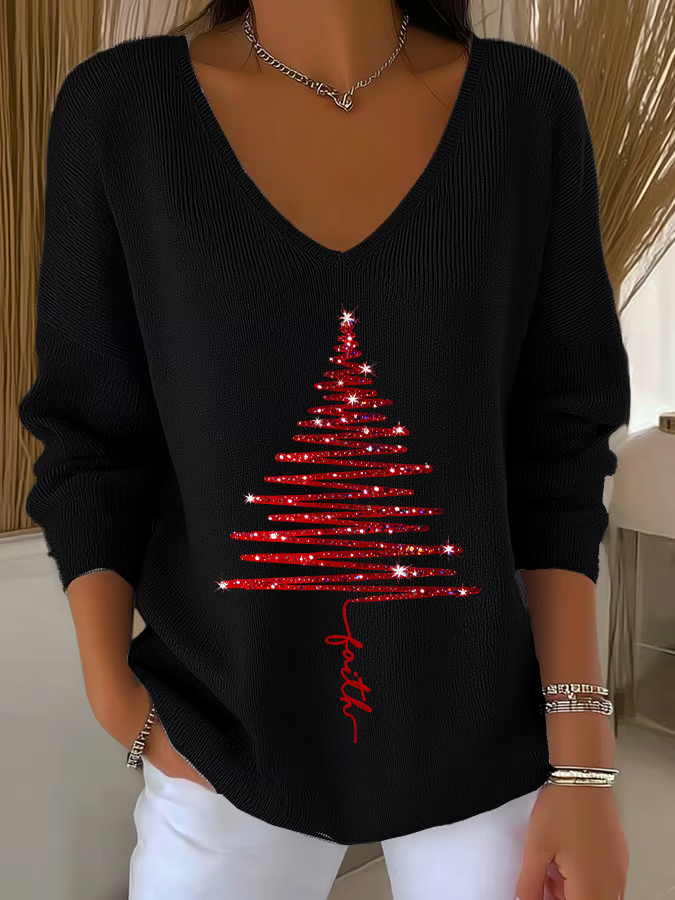 Women Christmas Long Sleeve Tee T-shirt V Neck Printing Casual Spring/Fall Top