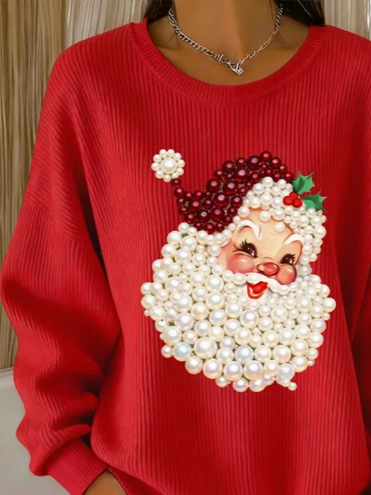 Women Santa Claus Crew Neck Printing Casual Spring/Fall Long Sleeve Sweatshirt