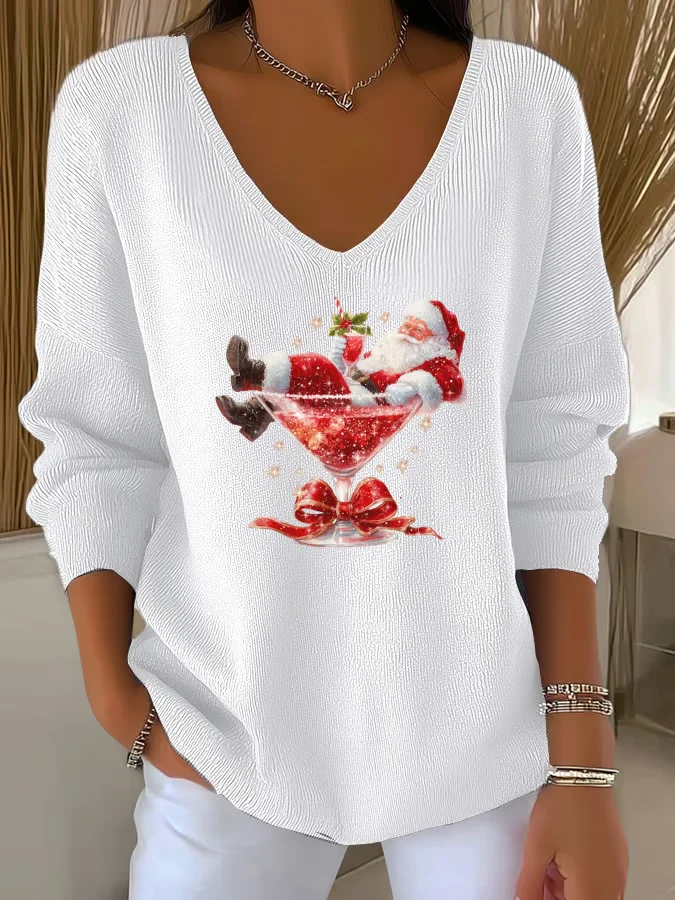 Women Santa Claus Long Sleeve Tee T-shirt V Neck Printing Casual Spring/Fall Top